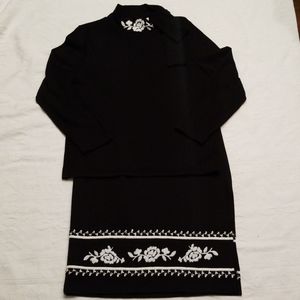 Lennie LNY dress set sweater pencil skirt set.  Black with White Embroidery.